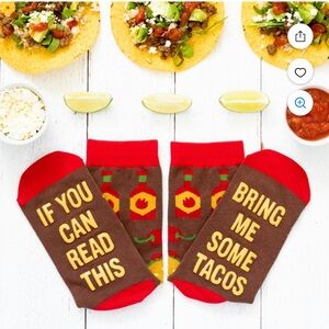 🌹 NWT LAVLEY BRING ME SOME TACOS SOCKS Red and Brown UNISEX Fun Socks